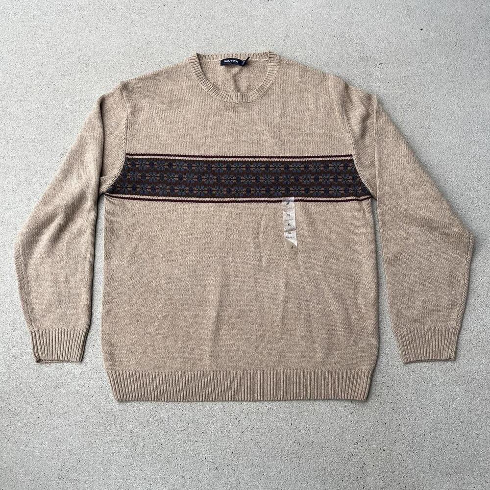 Brown tan Nautica holiday Christmas bar strip snowflake print sweater